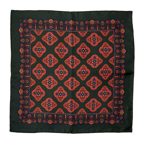 A bespoke Sovereign Grade Green Medallion Pocket Square made from 100% silk, offered by KirbyAllison.com, showcasing a rich green color and intricate medallion pattern, set against a white background.
