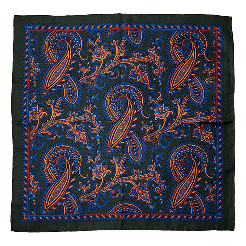 The Sovereign Grade 100% Silk Large Paisley Forest Pocket Square from KirbyAllison.com boasts premium silk material with an intricate large paisley design in a deep forest green, ideal for elevating any ensemble with a touch of elegance.