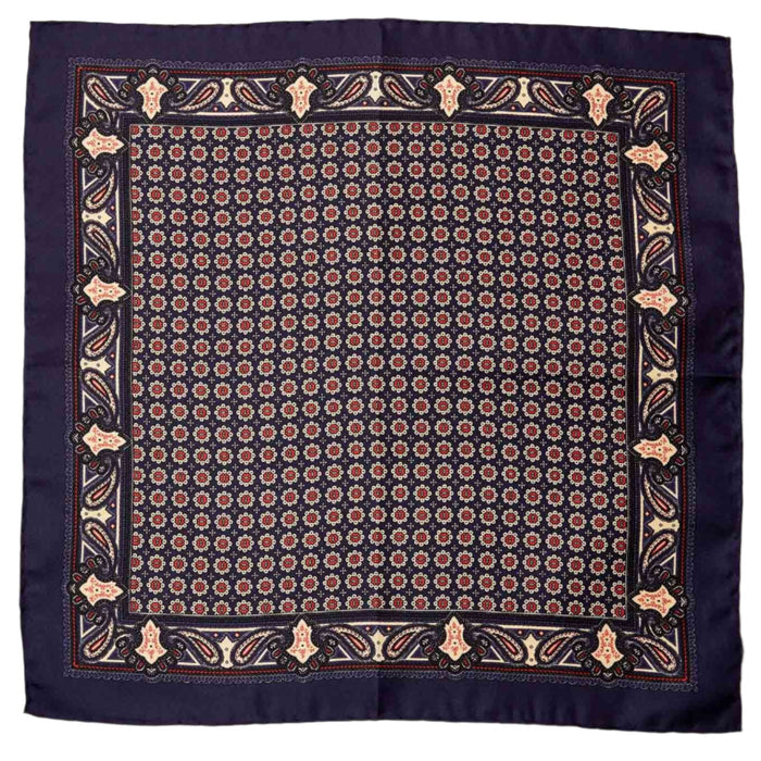 A Sovereign Grade 100% Silk Navy Pocket Square with a floral pattern from KirbyAllison.com.
