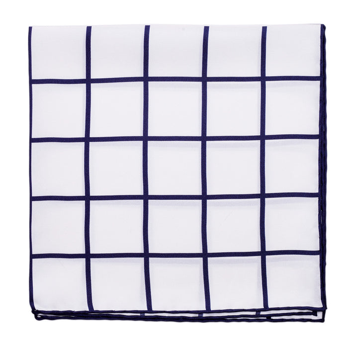 A Sovereign Grade Prince of Wales Pocket Square, White/Navy on a white background from KirbyAllison.com.