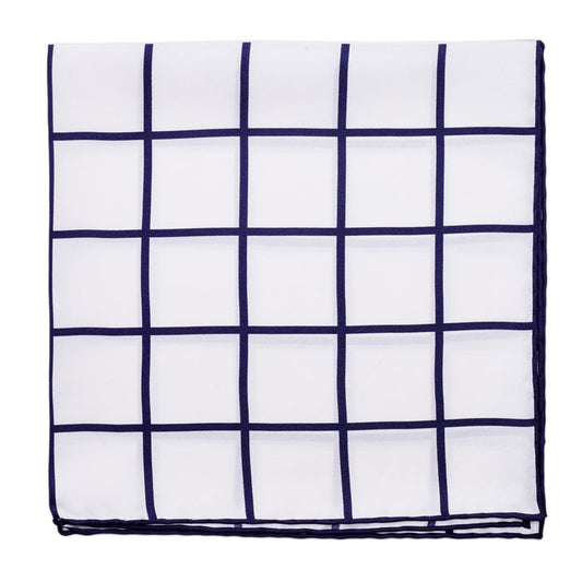 A Sovereign Grade Prince of Wales Pocket Square, White/Navy on a white background from KirbyAllison.com.