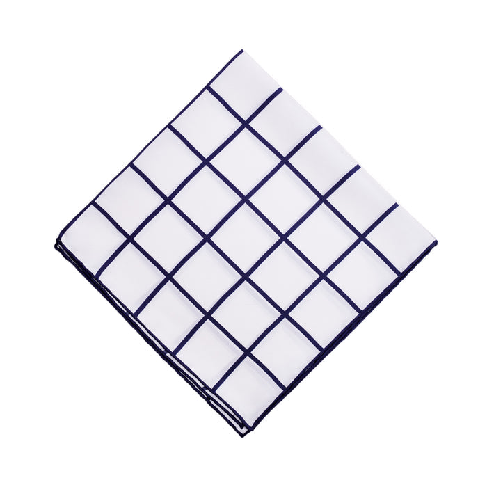 A KirbyAllison.com Sovereign Grade Prince of Wales Pocket Square, White/Navy, on a white background.