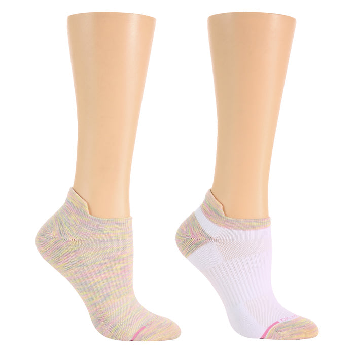 Ankle compression socks in a spacedye pattern and solid white, displayed on mannequin legs.