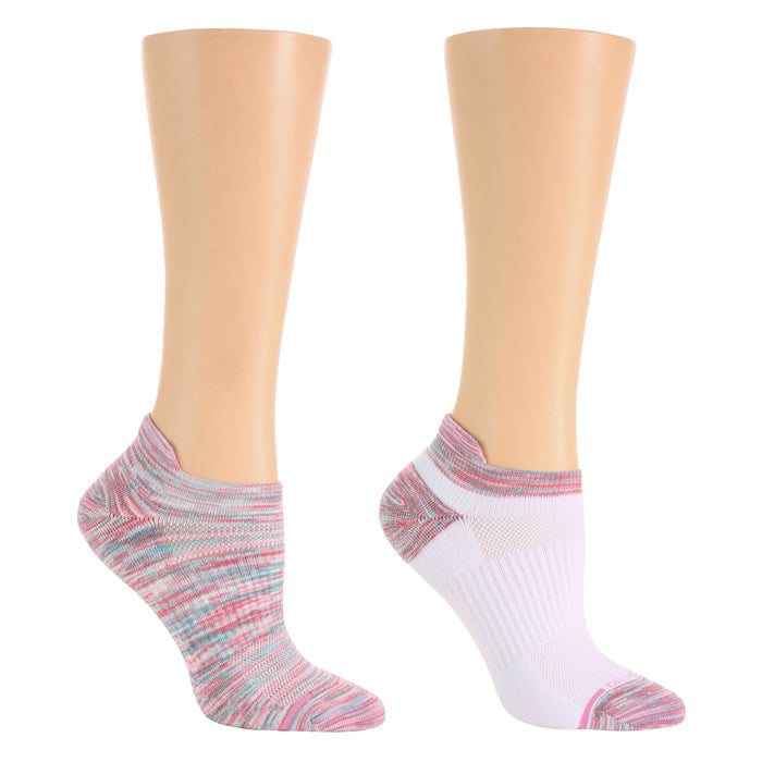 Ankle compression socks in pink spacedye pattern and solid white, displayed on mannequin legs.