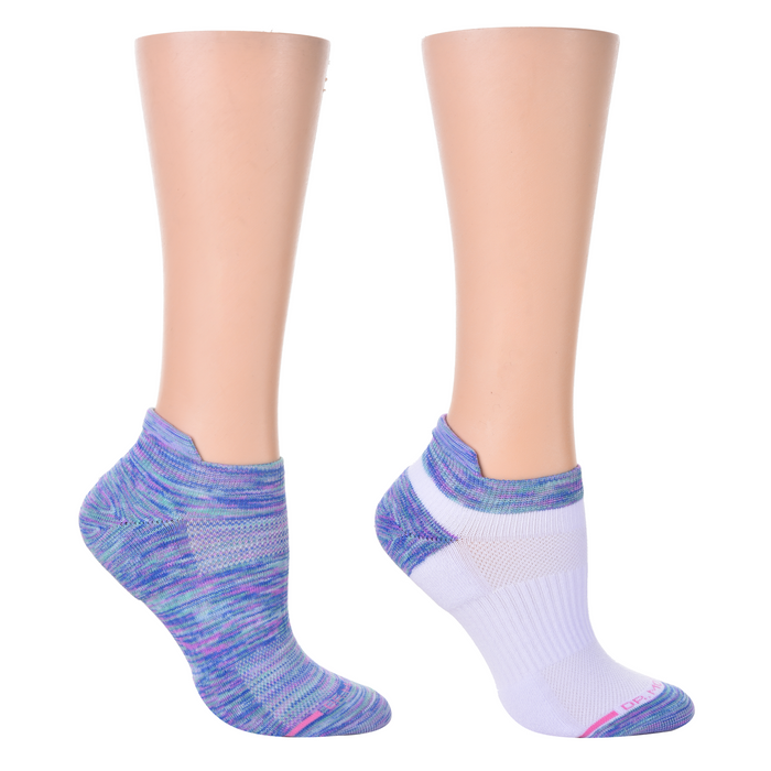 Ankle compression socks in purple and white, displayed on mannequin legs.