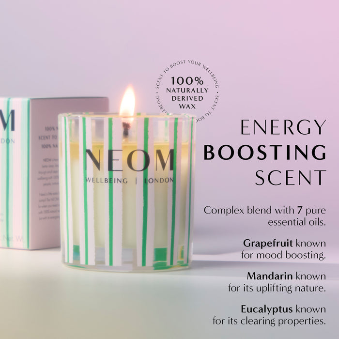 "ENERGY BOOSTING CANDLE Complex blend of 7 pure essential oils. Grapefruit known for mood boosting. Mandarin known for its uplifting nature. Eucalyptus known  for its clearing properties"