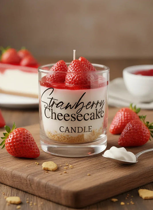 Strawberry cheesecake candle in glass jar with realistic strawberry topping, surrounded by fresh strawberries and dessert props.