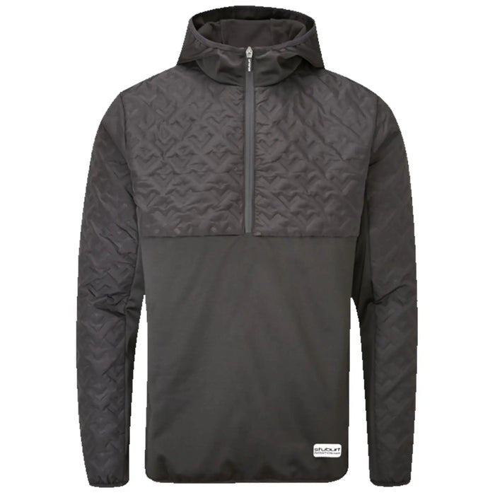 A black hooded jacket with a quarter zip features a textured upper section and a smooth lower section, designed for casual wear or outdoor activities.