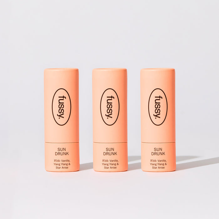 Fussy's Sun Drunk Mini Trio Pack of refillable, natural deodorant.