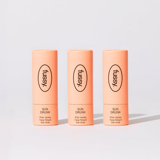 Fussy's Sun Drunk Mini Trio Pack of refillable, natural deodorant.