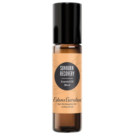 A black roll-on bottle with a label reading 'Sunburn Recovery Essential Oil Blend' by Edens Garden.
