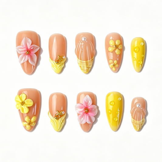 Medium Almond Press On Nails, Summer 3D Pink Yellow Floral Pearl Fake Nail Set