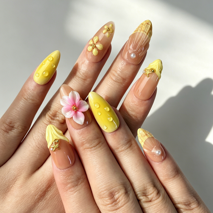 Pastel Floral Press On Nails, Nude Yellow Gradient Flower Nails on Hand