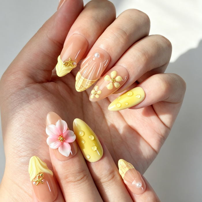 Close Up Nail Art, 3D Pink Yellow Flower Pearl Gold Decor