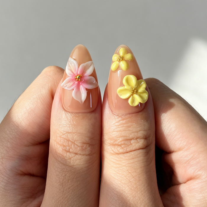 Cute Summer Floral Press On Nails, Medium Almond Nude Fake Nails