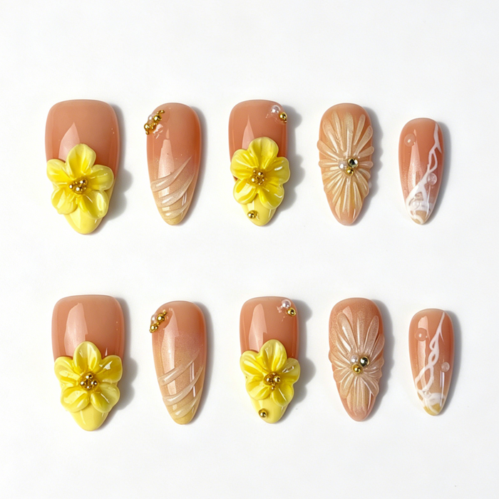 Medium Almond Press On Nails, Nude Yellow 3D Floral Gold Bead Fake Nail Set