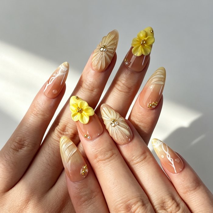 Soft Nude Floral Press On Nails, 3D Yellow Flower Nails on Hand