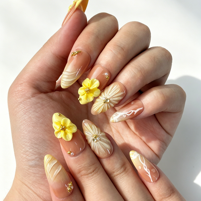 Close Up Nail Art, 3D Yellow Flower Gold Bead Embossed Decor