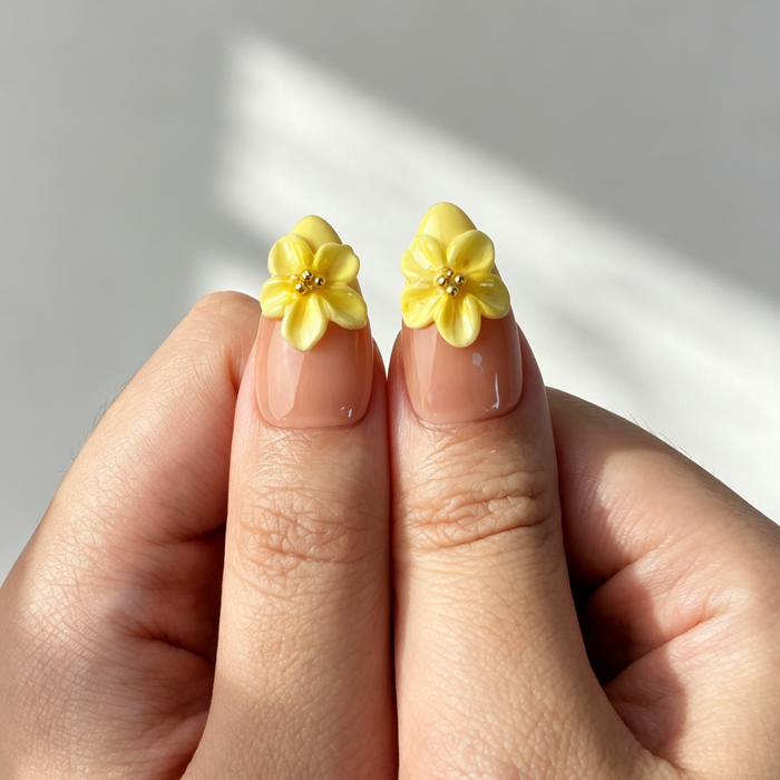 Warm Yellow Floral Press On Nails, Medium Almond Nude Fake Nails