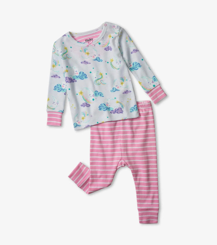 Hatley baby girls Sweet Dreams organic cotton pajama set in Light Blue/Pink with striped pants.