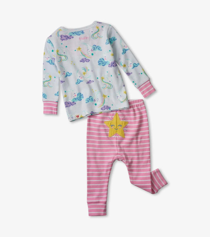 Hatley baby girl pajamas with shoulder snaps, pink striped pants, and soft organic cotton comfort.