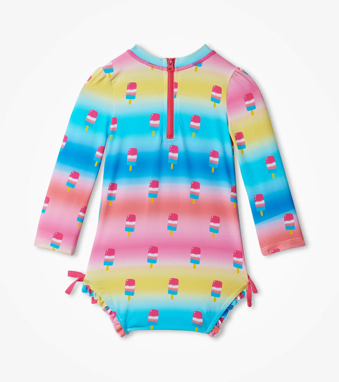Back view of Hatley Sweet Treats baby rashguard swimsuit with zipper and pastel ice cream print