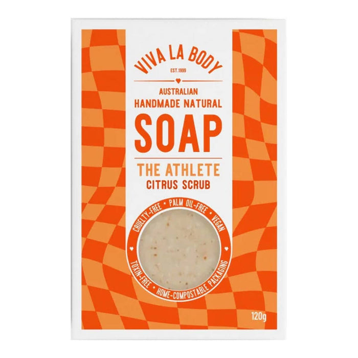 A box of handmade and natural The Athlete, citrus scrub soap.