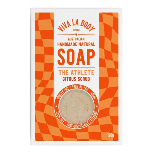A box of handmade and natural The Athlete, citrus scrub soap.