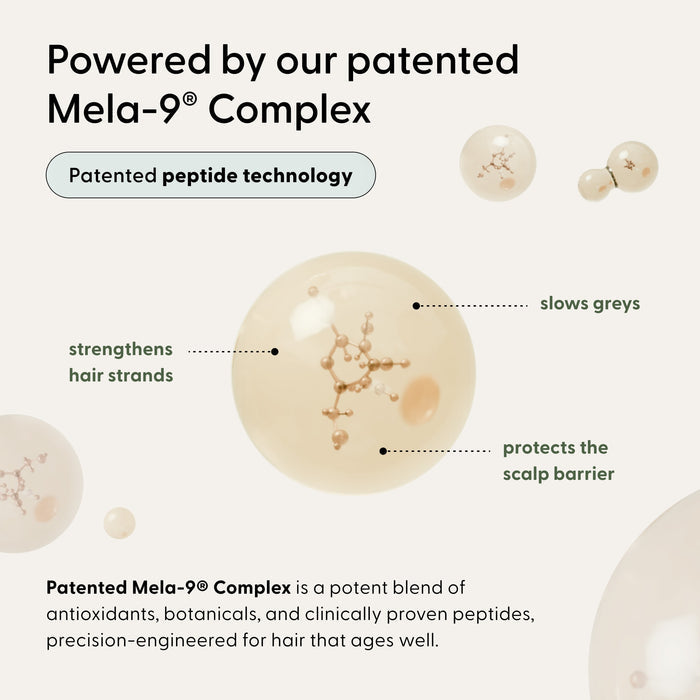 A graphic highlighting the benefits of Arey’s Mela-9 Complex in The Deep Treatment Duo: strengthens hair strands, slows greys, and protects the scalp, with molecule illustrations and descriptive text on a light background—perfect to pair with your favorite deep conditioner or as part of Arey’s Deep Treatment Duo for optimal results.