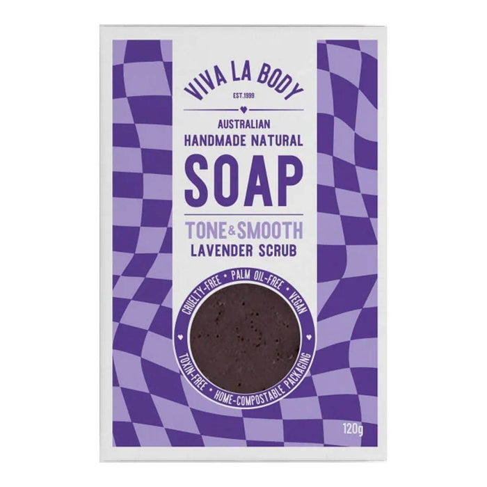A box of handmade and natural Tone & Smooth, lavender scrub soap.