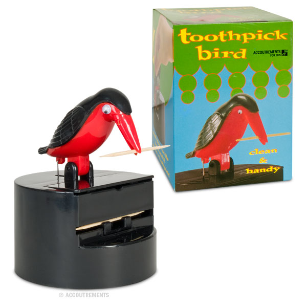 Red and black plastic Toothpick Bird with its illustrated box in the background.