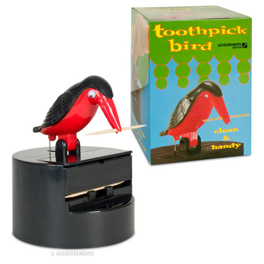 Red and black plastic Toothpick Bird with its illustrated box in the background.