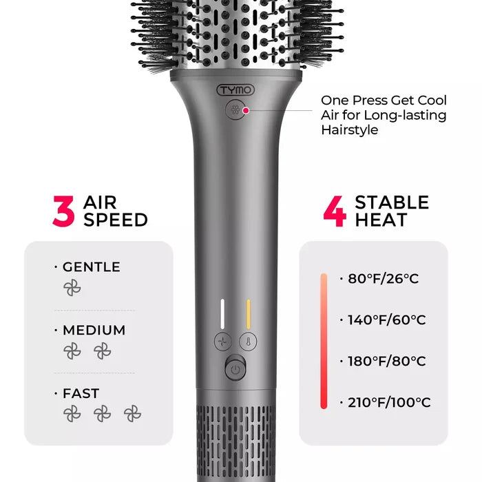 Featuring 3 air speeds and 4 heat settings, this TYMO AIREXCEL hot brush offers customized styling options.