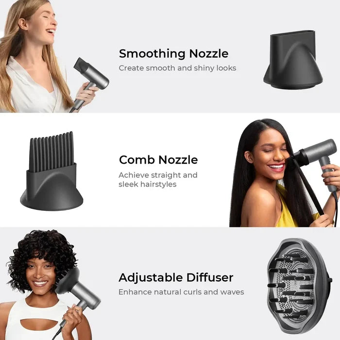 Compact blow dryer with comb attachment, AIRHYPE LITE by TYMO, a dyson alternative hair dryer for smooth finishes.
