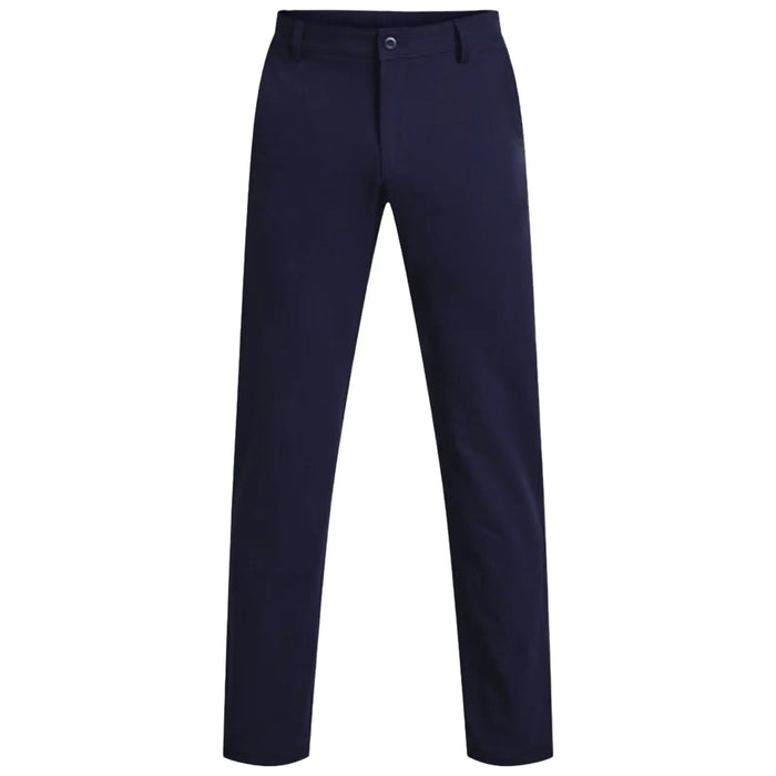 Navy trousers stand upright displaying a slim, tailored fit with a button and zipper closure showcased against a plain white background emphasizing their color and design features.