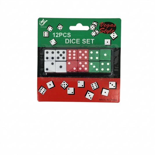Packaged dice set with various colored dice on a white background
