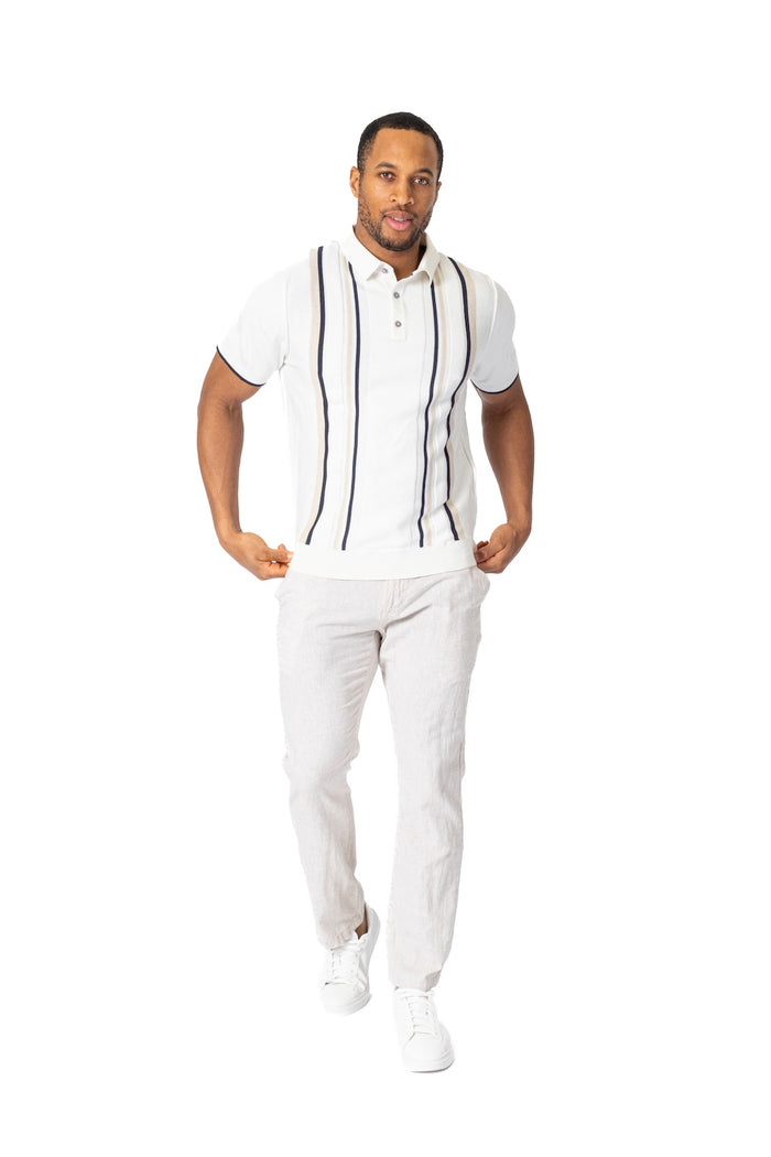 Vertical Stripe Cotton Knit Polo - Ivory