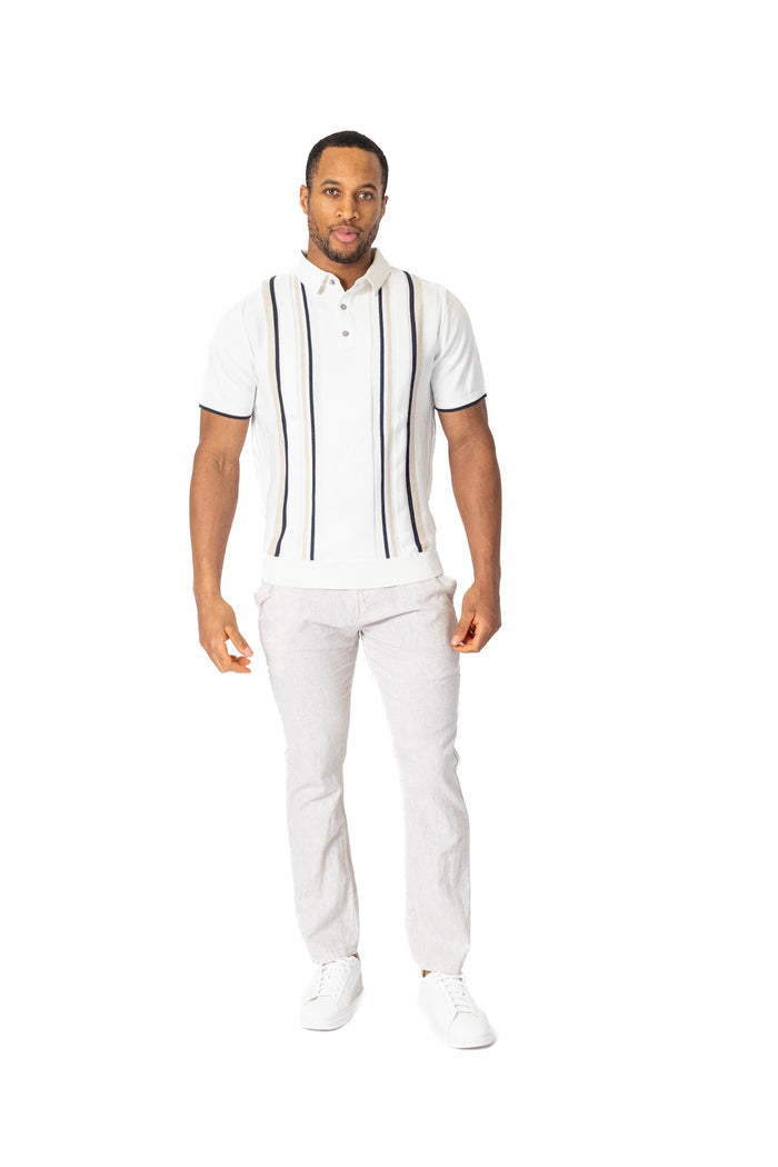Vertical Stripe Cotton Knit Polo - Ivory