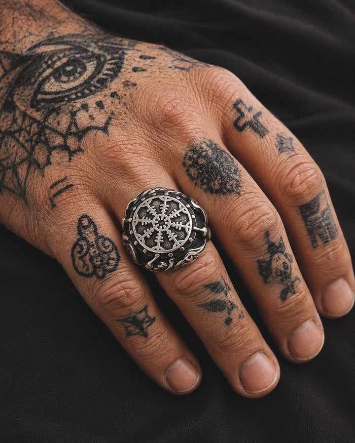 Viking Crow Compass Biker Ring