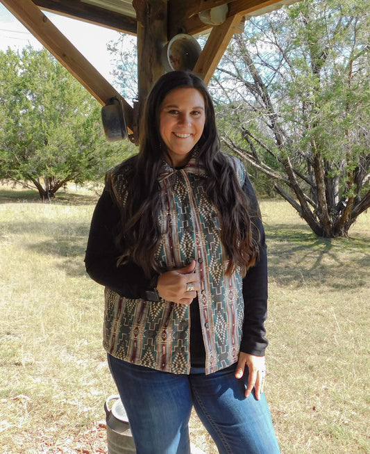 Vintage Teal Aztec Printed Quilted Vest