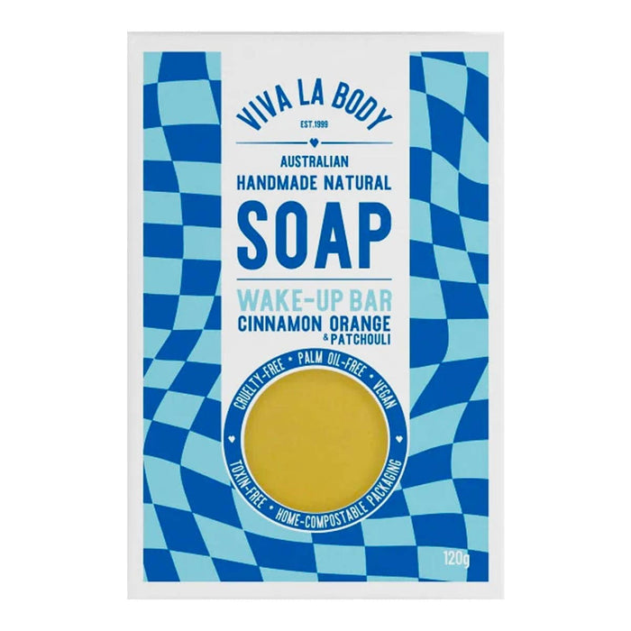 A box of handmade and natural Wake Up Bar, cinnamon, oramnge and patchouli soap.