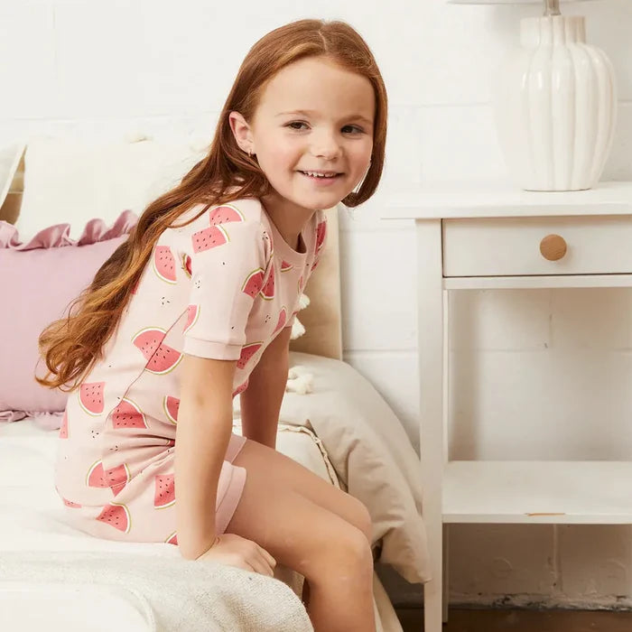 Toddler girl wearing watermelon print summer sleep set Petit Lem