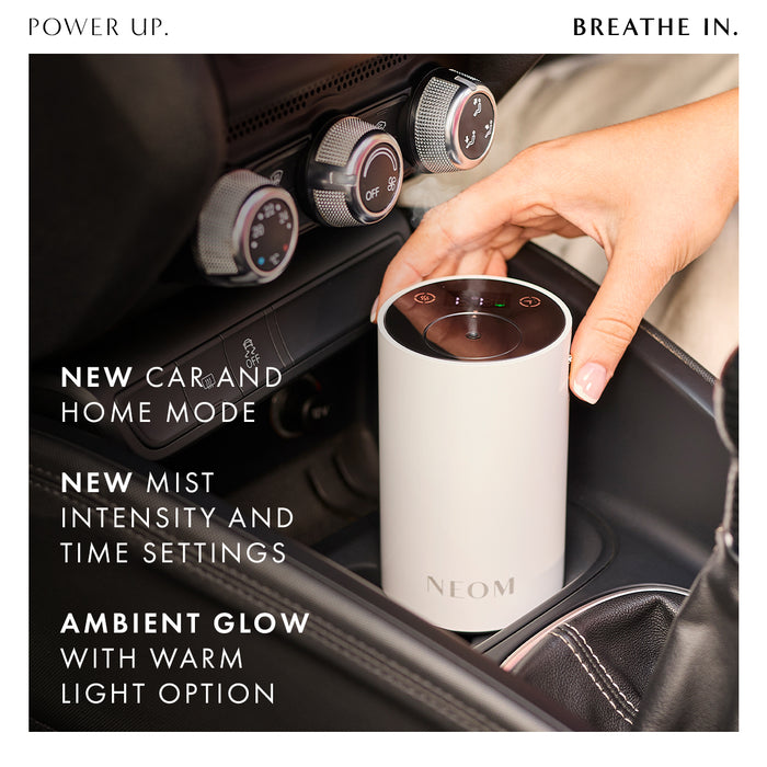 NEOM pod mini+ 'NEW CAR AND HOME MODE. NEW MIST INTENSITY AND TIME SETTINGS. AMBIENT GLOW WITH WARM LIGHT OPTION'