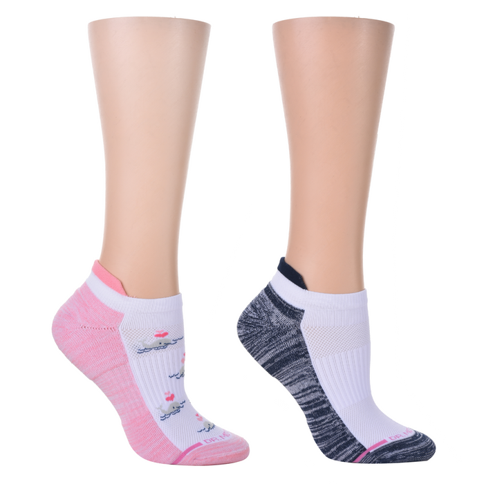 Ankle compression socks in pink and navy, featuring a whale design and contrasting patterns.