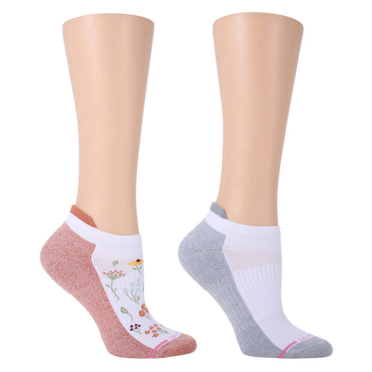 Ankle compression socks in two colors, one with floral design and the other in gray, displayed on a mannequin foot.