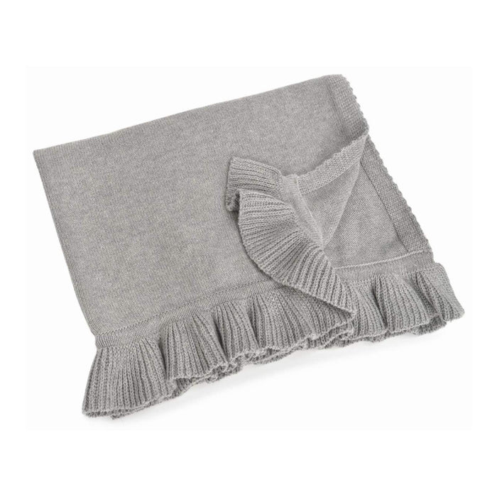 Gray knit blanket with ruffled edge on a white background