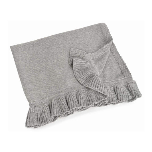 Gray knit blanket with ruffled edge on a white background
